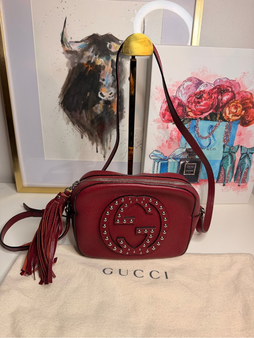 Authentic Gucci Red Leather Studded Crossbody with Tassel